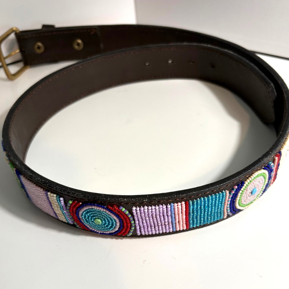 Multicolored Beaded Brown Belt with Gold Hardware